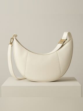 Time and Tru Cream Crescent Shoulder Crossbody Bag with Gold Accents